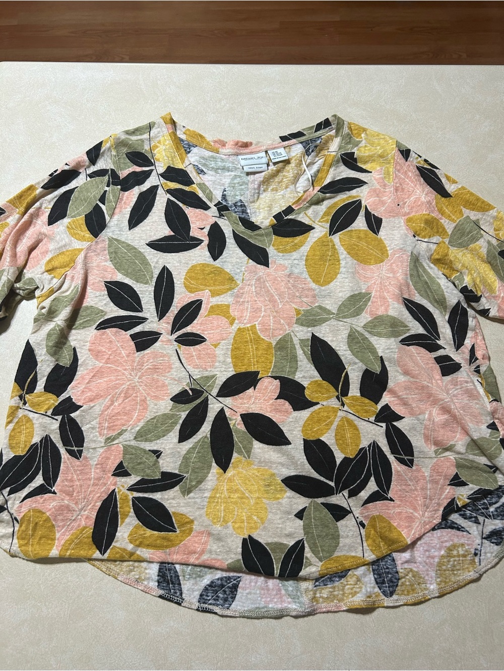 Rachel Zoe Women’s Floral V-Neck Top - Pink, Mustard & Olive 100% linen